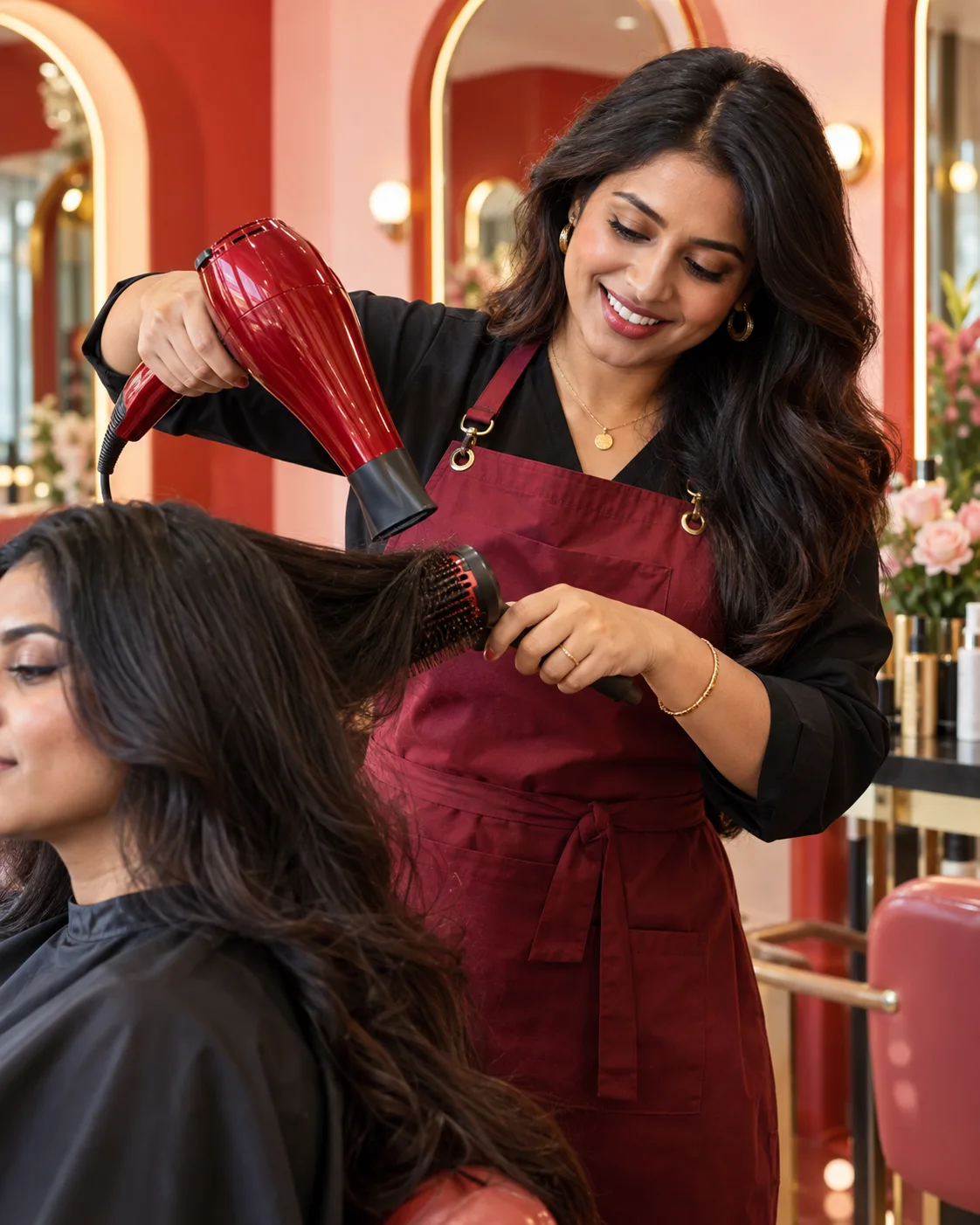 A hairstylist bringing her craft to life in a colourful pink salon